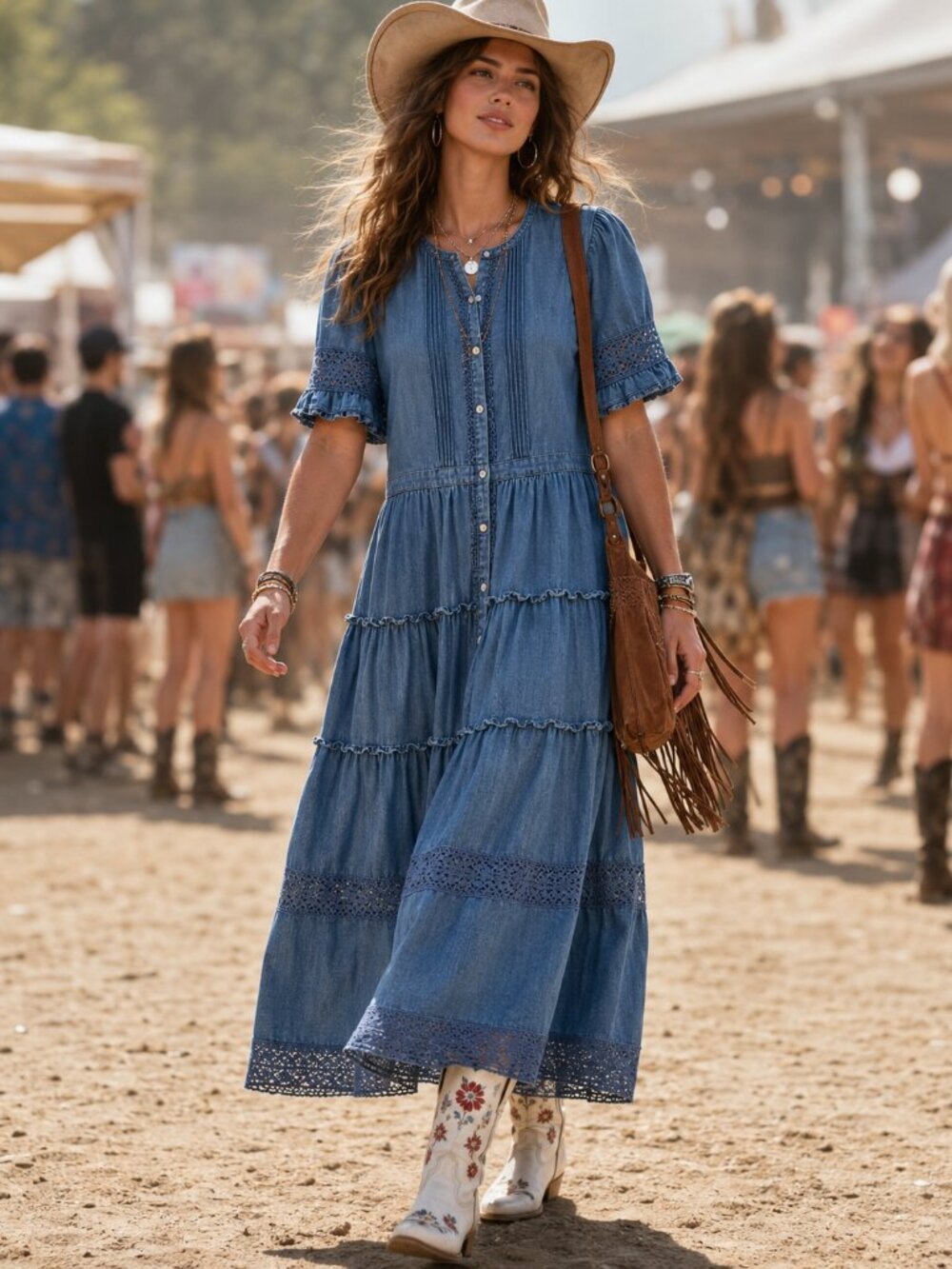 Gap x LoveShackFancy Collab Blue Denim Tiered Boho Maxi Dress Size Large